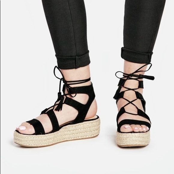 Justfab Black Lace Up Espadrille Platform Sandals - Picture 6 of 6